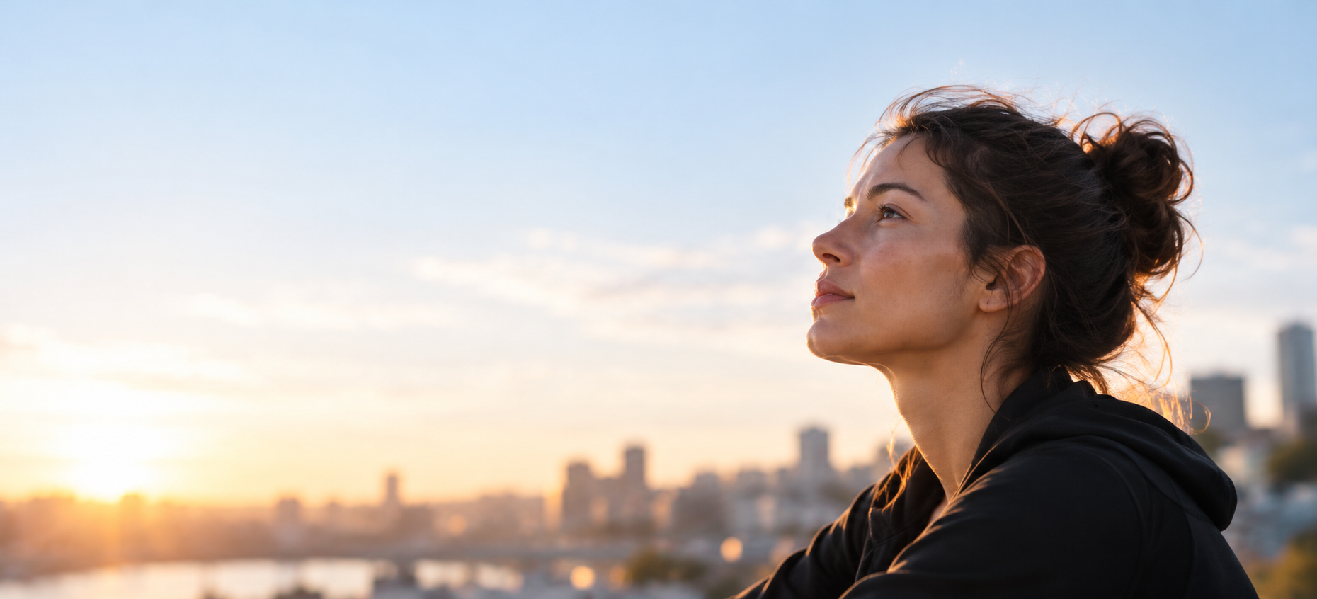 A thoughtful person looking forward at sunrise